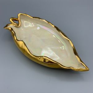 Leaf Shaped Dish Hand Painted Ceramic 22K GOLD Mother of Pearl Lustre Grannycore